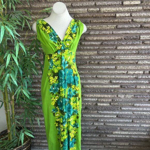 Hawaiian Togs Vintage Green Floral Barkcloth V Neck Draped Back Tiki Maxi Dress - Picture 10 of 14